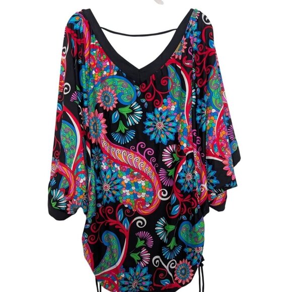 Swim Systems Collection Floral Cover up Womens Size Large Black Dolman Sleeve - Picture 9 of 12